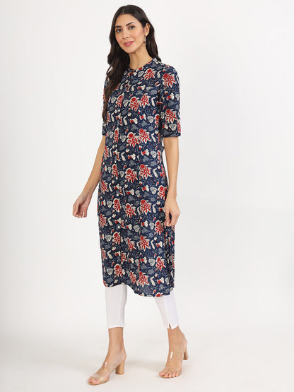 Women Black Floral Printed Rayon A-Line Kurta | LASVINI - Redefining Indian Fashion with Elegance