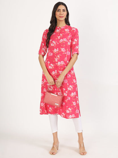 Women Blue Floral Printed Rayon A-Line Kurta | LASVINI - Redefining Indian Fashion with Elegance