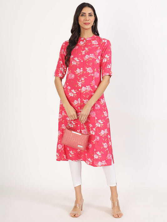 Women Blue Floral Printed Rayon A-Line Kurta | LASVINI - Redefining Indian Fashion with Elegance