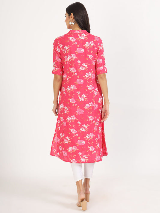 Women Blue Floral Printed Rayon A-Line Kurta | LASVINI - Redefining Indian Fashion with Elegance