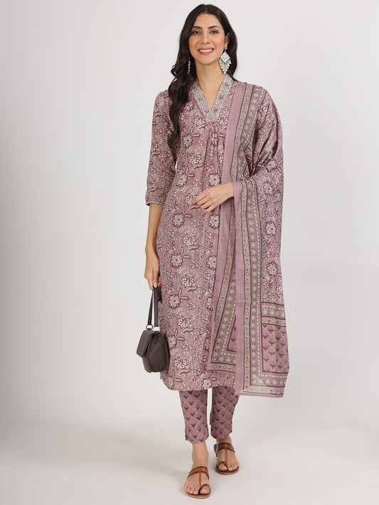 Women Purple Floral Printed Cotton Kurta Sets | LASVINI - Redefining Indian Fashion with Elegance