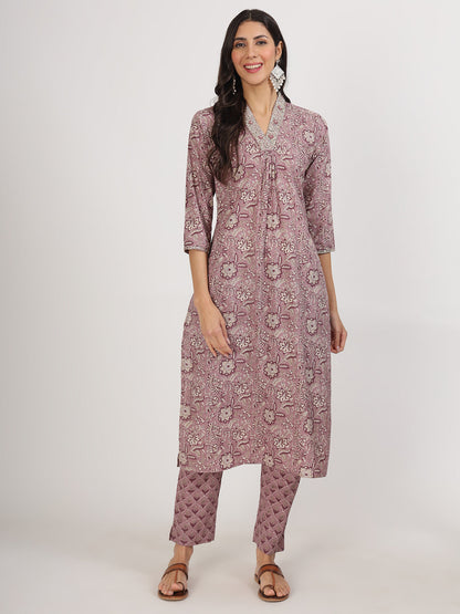 Women Purple Floral Printed Cotton Kurta Sets | LASVINI - Redefining Indian Fashion with Elegance
