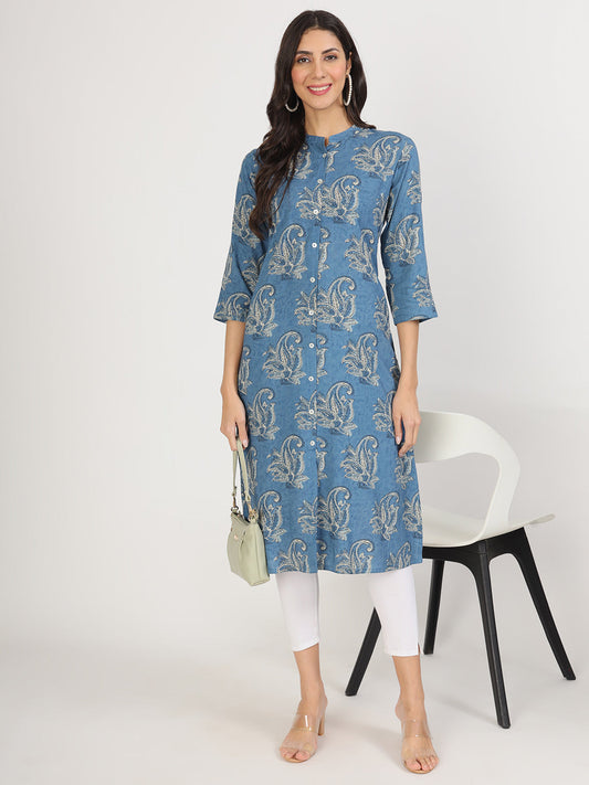 Women Blue Floral Printed Rayon A-Line Kurta | LASVINI - Redefining Indian Fashion with Elegance