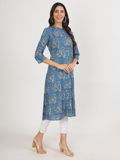 Women Blue Floral Printed Rayon A-Line Kurta | LASVINI - Redefining Indian Fashion with Elegance