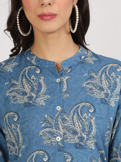 Women Blue Floral Printed Rayon A-Line Kurta | LASVINI - Redefining Indian Fashion with Elegance