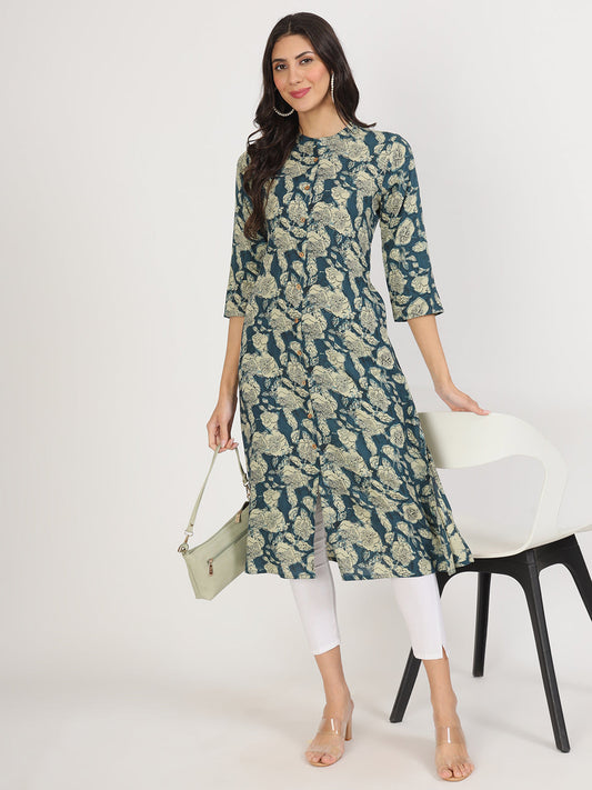 Women Blue Floral Printed Rayon A-Line Kurta | LASVINI - Redefining Indian Fashion with Elegance