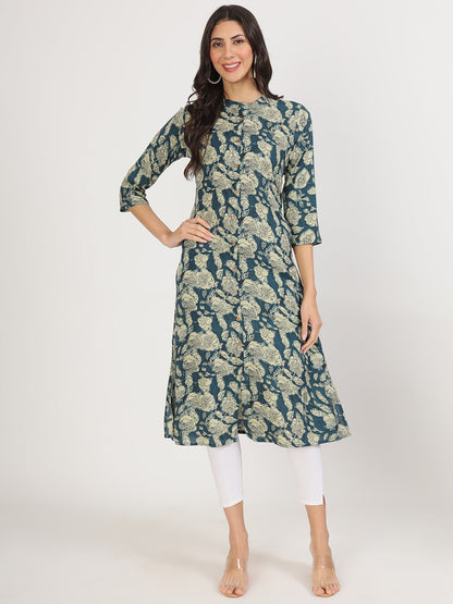 Women Blue Floral Printed Rayon A-Line Kurta | LASVINI - Redefining Indian Fashion with Elegance