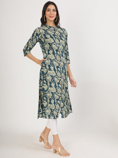 Women Blue Floral Printed Rayon A-Line Kurta | LASVINI - Redefining Indian Fashion with Elegance