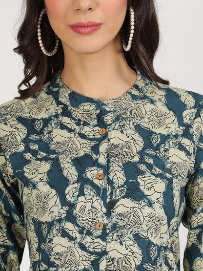 Women Blue Floral Printed Rayon A-Line Kurta | LASVINI - Redefining Indian Fashion with Elegance