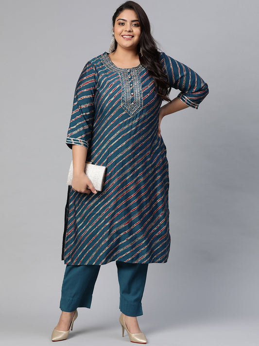 Women'S Blue Lahariya Kurta With Cotton Flex Pant Set | LASVINI - Redefining Indian Fashion with Elegance
