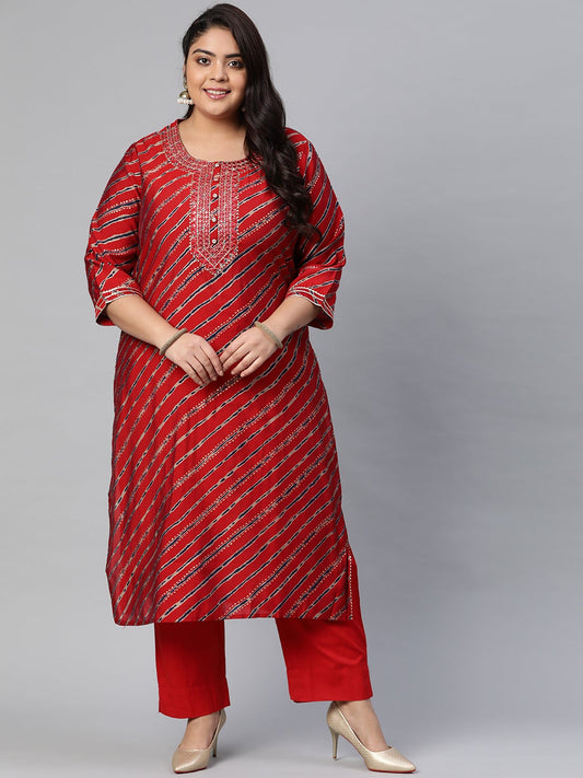 Women'S Red Lahariya Kurta With Cotton Flex Pant Set | LASVINI - Redefining Indian Fashion with Elegance