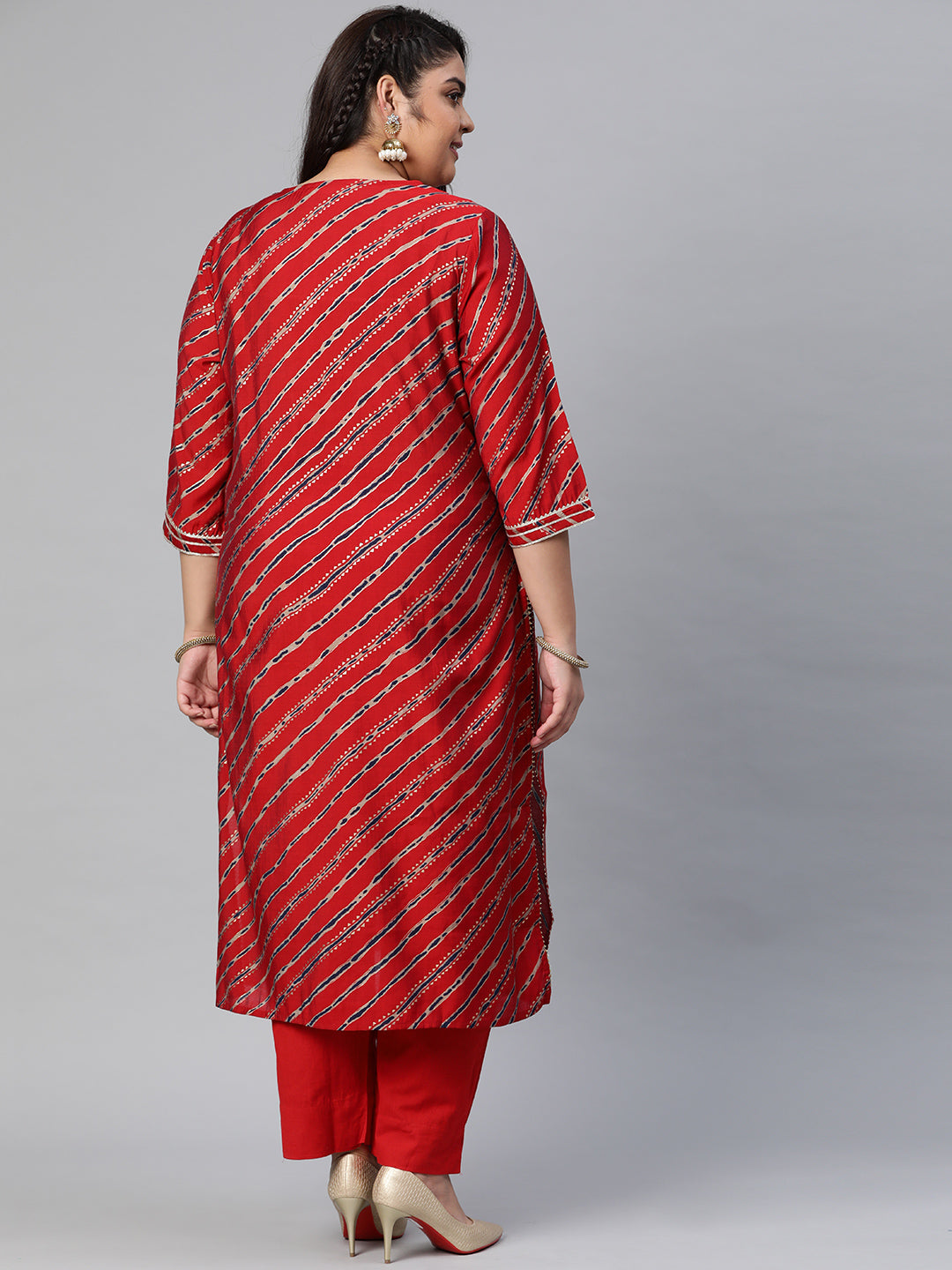 Women'S Red Lahariya Kurta With Cotton Flex Pant Set | LASVINI - Redefining Indian Fashion with Elegance