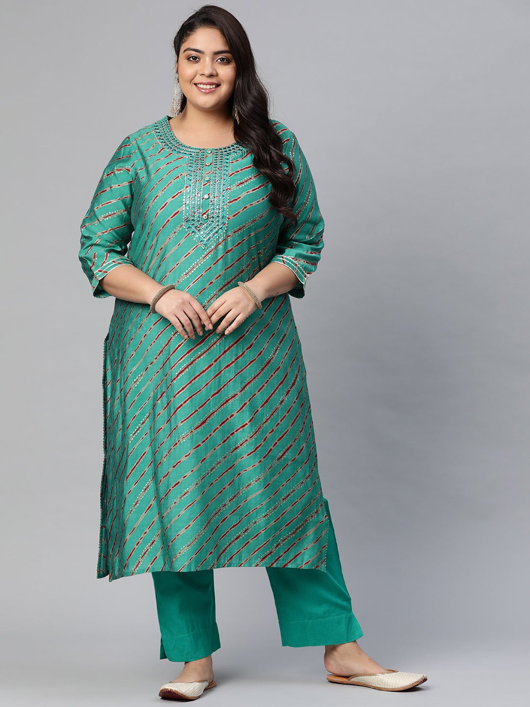 Women'S Green Lahariya Kurta With Cotton Flex Pant Set | LASVINI - Redefining Indian Fashion with Elegance