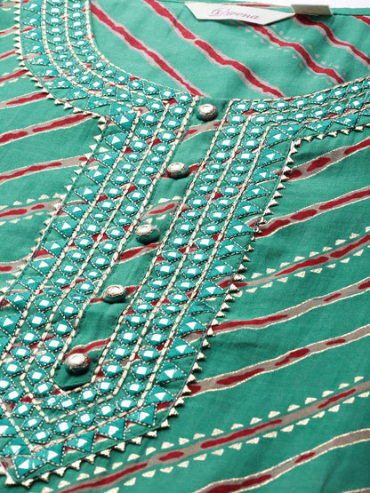 Women'S Green Lahariya Kurta With Cotton Flex Pant Set | LASVINI - Redefining Indian Fashion with Elegance