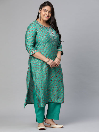Women'S Green Lahariya Kurta With Cotton Flex Pant Set | LASVINI - Redefining Indian Fashion with Elegance