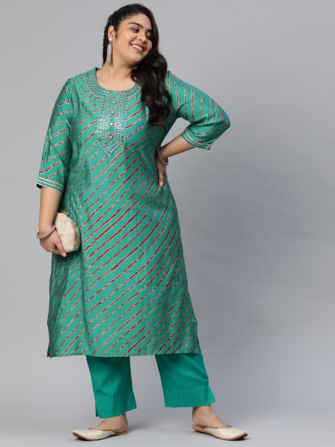 Women'S Green Lahariya Kurta With Cotton Flex Pant Set | LASVINI - Redefining Indian Fashion with Elegance