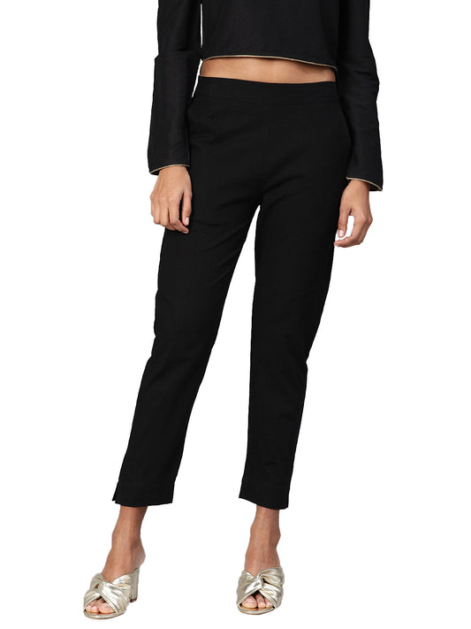Women Black Straight Fit Solid Regular Trousers | LASVINI - Redefining Indian Fashion with Elegance