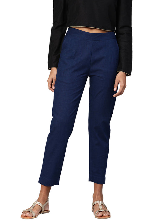 Women Navy Blue Straight Fit Solid Regular Trousers | LASVINI - Redefining Indian Fashion with Elegance