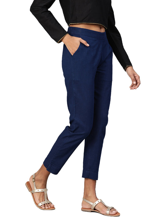 Women Navy Blue Straight Fit Solid Regular Trousers | LASVINI - Redefining Indian Fashion with Elegance
