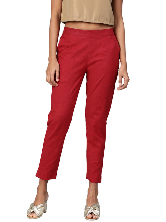Women Maroon Straight Fit Solid Regular Trousers | LASVINI - Redefining Indian Fashion with Elegance