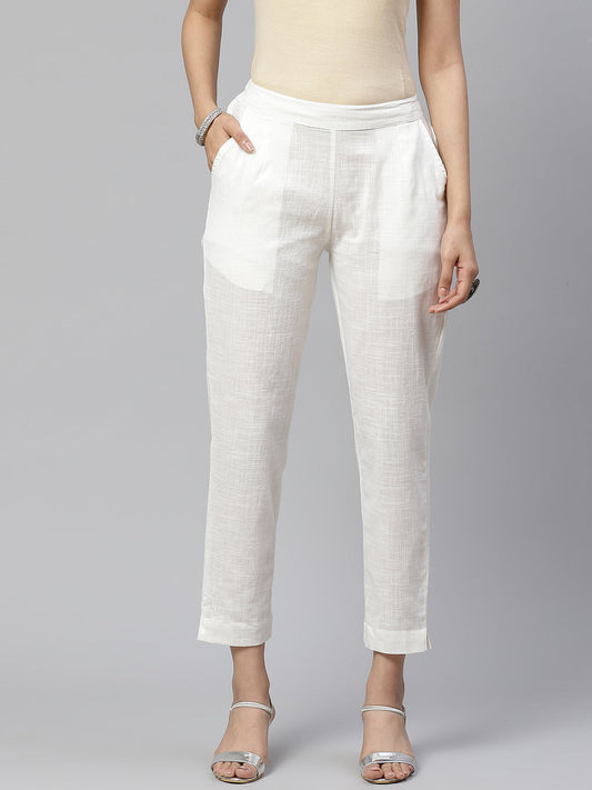 Women Off-White Comfort Regular Fit Solid Cotton Cigarette Trousers | LASVINI - Redefining Indian Fashion with Elegance