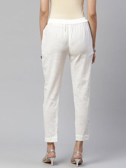 Women Off-White Comfort Regular Fit Solid Cotton Cigarette Trousers | LASVINI - Redefining Indian Fashion with Elegance