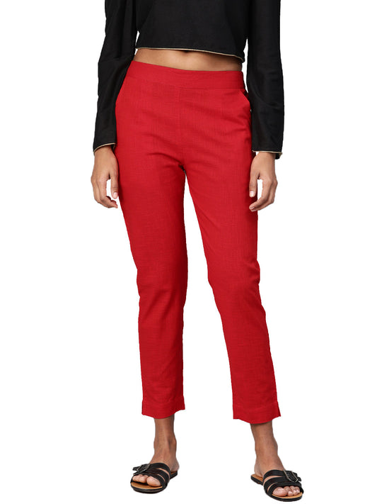Women Red Straight Fit Solid Regular Trousers | LASVINI - Redefining Indian Fashion with Elegance
