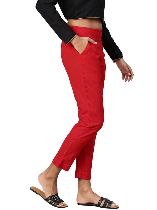 Women Red Straight Fit Solid Regular Trousers | LASVINI - Redefining Indian Fashion with Elegance