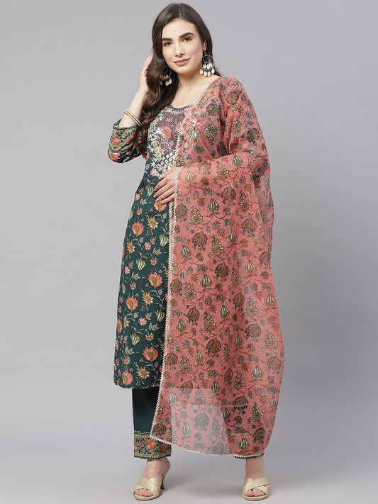 Women'S Green Floral Printed Kurta Pant Set With Dupatta | LASVINI - Redefining Indian Fashion with Elegance