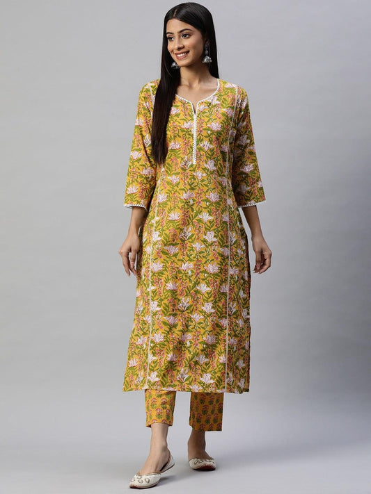 Yellow Floral Printed Straight Kurta Pant Sets | LASVINI - Redefining Indian Fashion with Elegance