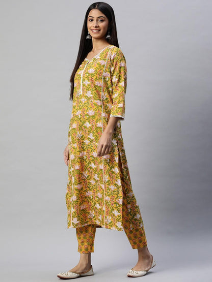 Yellow Floral Printed Straight Kurta Pant Sets | LASVINI - Redefining Indian Fashion with Elegance