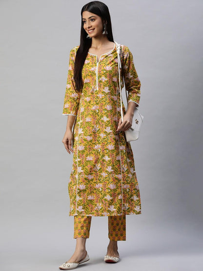 Yellow Floral Printed Straight Kurta Pant Sets | LASVINI - Redefining Indian Fashion with Elegance