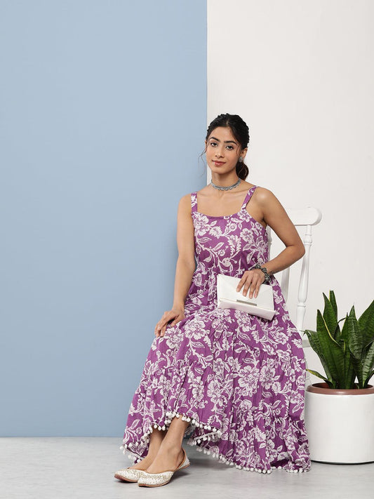Purple Floral Shoulder Strip Long Dress | LASVINI - Redefining Indian Fashion with Elegance
