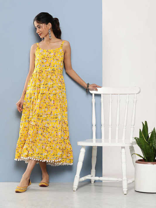 Yellow Floral Shoulder Strip Long Dress | LASVINI - Redefining Indian Fashion with Elegance