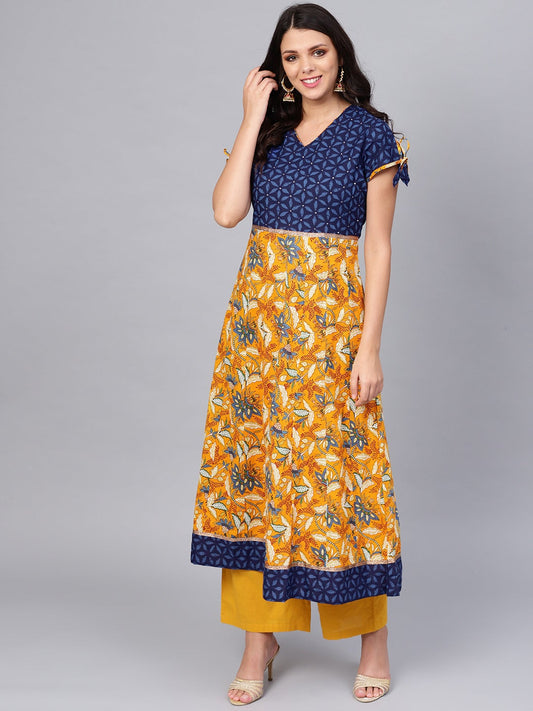 Women'S Gorgeous Blue And Mustard Anarkali | LASVINI - Redefining Indian Fashion with Elegance