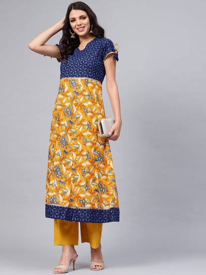 Women'S Gorgeous Blue And Mustard Anarkali | LASVINI - Redefining Indian Fashion with Elegance