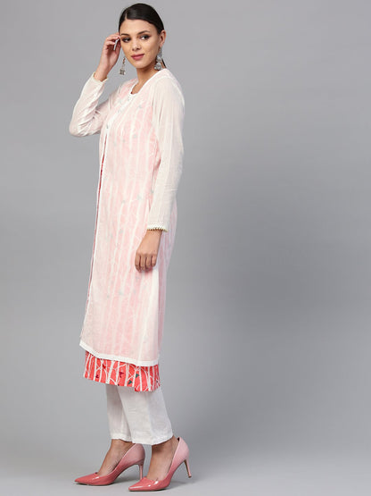 Women'S White Striped Kurta With Muslin Jacket | LASVINI - Redefining Indian Fashion with Elegance