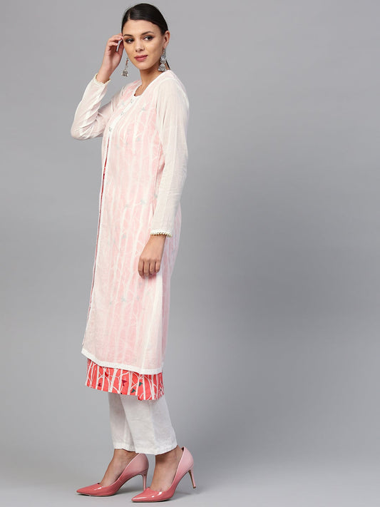 Women'S White Striped Kurta With Muslin Jacket | LASVINI - Redefining Indian Fashion with Elegance