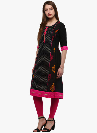 Women'S Black Printed A-Line Rayon And Cotton Kurta | LASVINI - Redefining Indian Fashion with Elegance