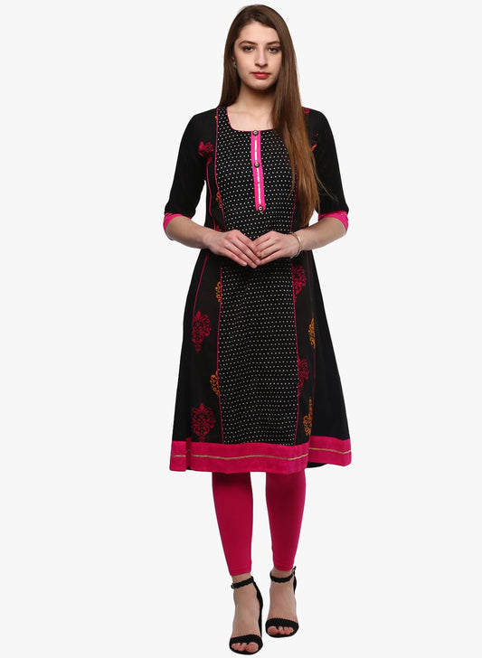 Women'S Black Printed A-Line Rayon And Cotton Kurta | LASVINI - Redefining Indian Fashion with Elegance