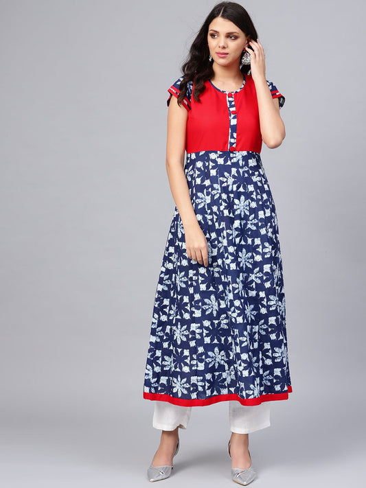 Women'S Indigo Blue Printed Cotton Anarkali | LASVINI - Redefining Indian Fashion with Elegance