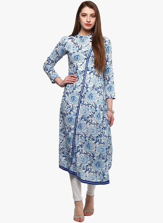 Women'S Hand Block Blue And White Printed Angrakha Anarkali | LASVINI - Redefining Indian Fashion with Elegance