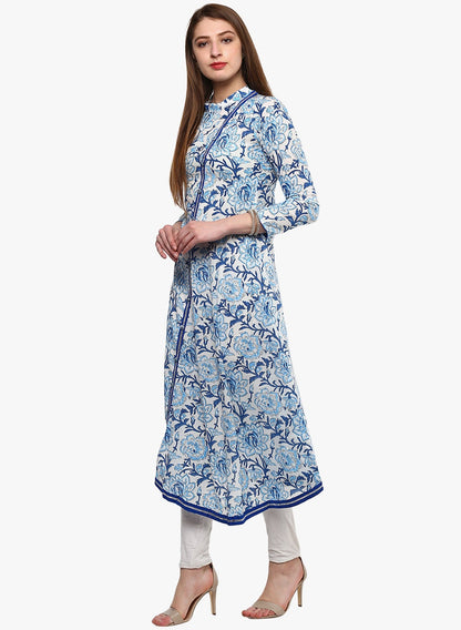Women'S Hand Block Blue And White Printed Angrakha Anarkali | LASVINI - Redefining Indian Fashion with Elegance