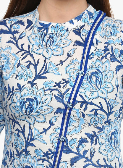 Women'S Hand Block Blue And White Printed Angrakha Anarkali | LASVINI - Redefining Indian Fashion with Elegance