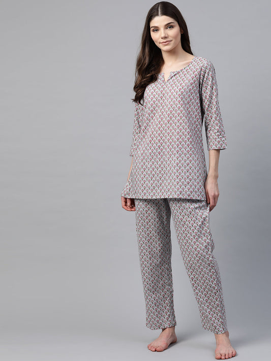 Women'S Grey Printed Loungewear/Nightwear | LASVINI - Redefining Indian Fashion with Elegance