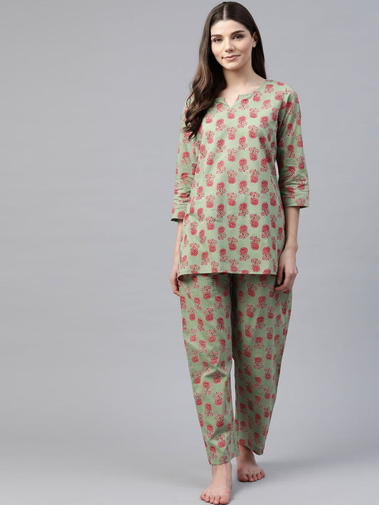 Women'S Green Printed Loungewear /Nightwear | LASVINI - Redefining Indian Fashion with Elegance