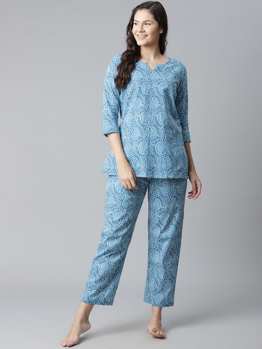 Women'S Blue Printed Cotton Nightwear | LASVINI - Redefining Indian Fashion with Elegance