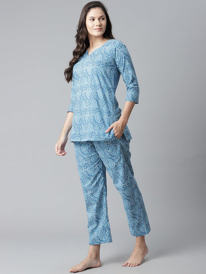 Women'S Blue Printed Cotton Nightwear | LASVINI - Redefining Indian Fashion with Elegance