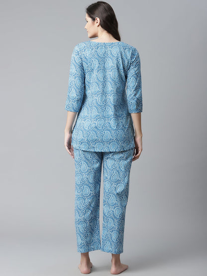 Women'S Blue Printed Cotton Nightwear | LASVINI - Redefining Indian Fashion with Elegance