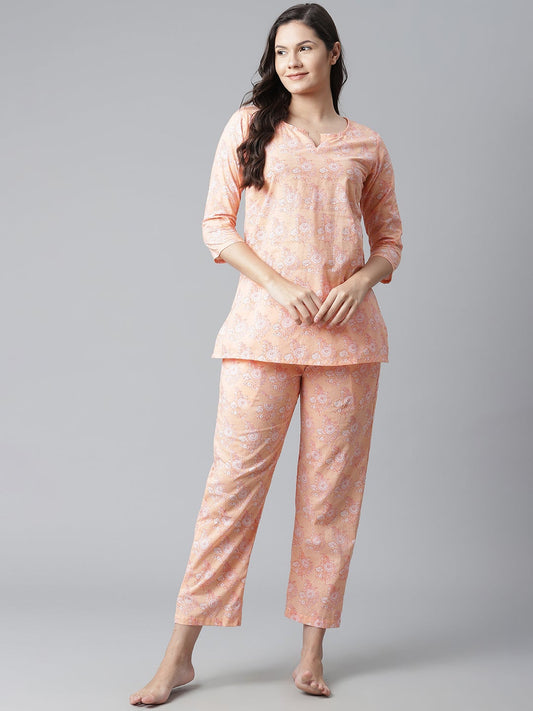 Women'S Peach Printed Cotton Nightwear | LASVINI - Redefining Indian Fashion with Elegance